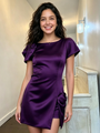 Purple Satin Cap Sleeve Homecoming Dress