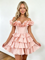 Pink Satin Off the Shoulder Homecoming Dress