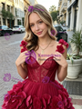Burgundy Tulle Straps Flower Homecoming Dress