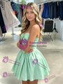 Green Satin Spaghetti Straps Bow Homecoming Dress