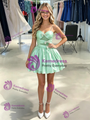 Green Satin Spaghetti Straps Bow Homecoming Dress
