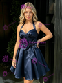 Navy Blue Satin V-neck Bow Pleats Homecoming Dress
