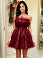 Burgundy Tulle Strapless Pleats Homecoming Dress