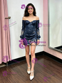 Navy Blue Long Sleeve Sequins Homecoming Dress