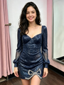 Navy Blue Long Sleeve Sequins Homecoming Dress