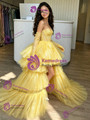 Yellow Tulle Hi Lo Long Sleeve Prom Dress