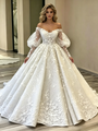 White Ball Gown Tulle Lace Long Sleeve Wedding Dress