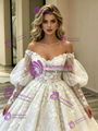 White Ball Gown Tulle Lace Long Sleeve Wedding Dress