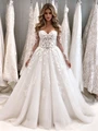 White Tulle Long Sleeve Appliques Wedding Dress