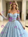 Blue Tulle Lace Long Sleeve Wedding Dress