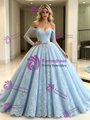 Blue Tulle Lace Long Sleeve Wedding Dress