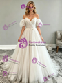 Beige Wite Tulle Off the Shoulder Wedding Dress