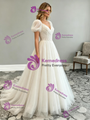 Beige White Tulle Puff Sleeve Wedding Dress