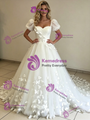 White Tulle Square Neck Puff Sleeve Wedding Dress