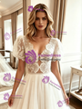 White Tulle Lace Puff Sleeve Wedding Dress