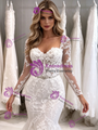 White Mermaid Tulle Appliques Long Sleeve Wedding Dress