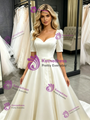 Beige Wite Satin Short Sleeve Wedding Dress