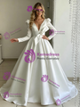 White Satin Deep V-neck Long Sleeve Wedding Dress