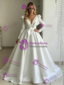 White Satin Deep V-neck Long Sleeve Wedding Dress