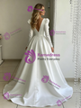 White Satin Deep V-neck Long Sleeve Wedding Dress
