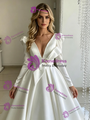 White Satin Deep V-neck Long Sleeve Wedding DressWhite Satin Deep V-neck Long Sleeve Wedding Dress