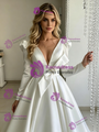 White Satin Deep V-neck Long Sleeve Wedding Dress