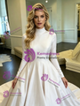 White Satin High Neck Long Sleeve Wedding Dress