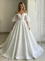 White Satin Puff Sleeve Appliques Wedding Dress