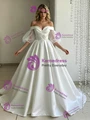 White Satin Puff Sleeve Appliques Wedding Dress