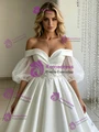 White Satin Puff Sleeve Appliques Wedding Dress