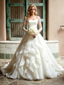 Beige White Long Sleeve Square Neck Wedding Dress