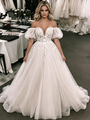 White Tulle Appliques Puff Sleeve Wedding Dress