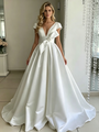 White Satin V-neck Bow Wedding Dress