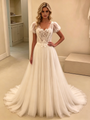 White Tulle Puff Sleeve Lace Wedding Dress