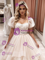 Champagne Tulle Lace Puff Sleeve Wedding Dress