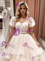 Champagne Tulle Lace Puff Sleeve Wedding Dress