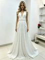 White Chiffon V-neck Pleats Wedding Dress