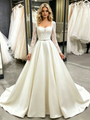 Beige White Satin Lace Long Sleeve Wedding Dress