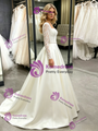 Beige White Satin Lace Long Sleeve Wedding Dress