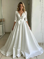 White Satin V-neck Short Sleeve Wedding Dress