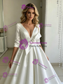 White Satin V-neck Short Sleeve Wedding Dress