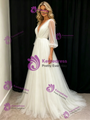 White Tulle V-neck Long Sleeve Wedding Dress