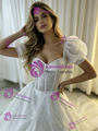 White Sequins Puff Sleeve Wedding Dress