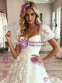 White Tulle Puff Sleeve Appliques Wedding Dress
