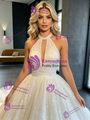 White Sequins Halter Sequins Backless Wedding Dress
