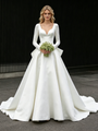 White Satin V-neck Long Sleeve Wedding Dress