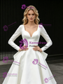 White Satin V-neck Long Sleeve Wedding Dress