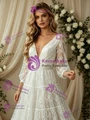 White V-neck Lace Long Sleeve Wedding Dress