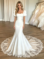 White Mermaid Square Neck Puff Sleve Appliques Wedding Dress