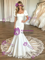 White Mermaid Square Neck Puff Sleve Appliques Wedding Dress